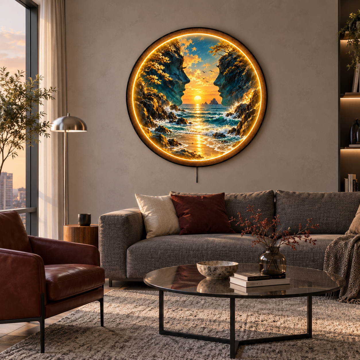 Between Two Worlds LED Wall Art – Golden Ocean Sunset Decor