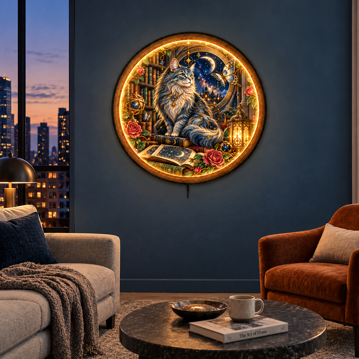 Celestial Cat LED Wall Art – Moonlit Library Fantasy Decor