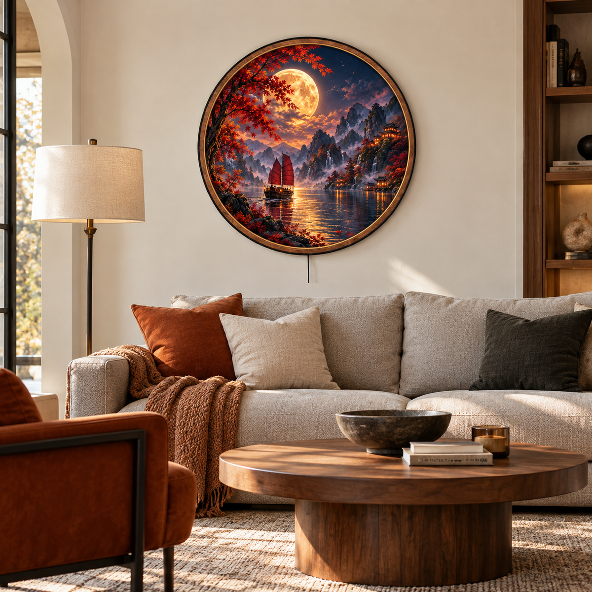 Golden Moon Red Maple Mountain Lake Circular LED Wall Art
