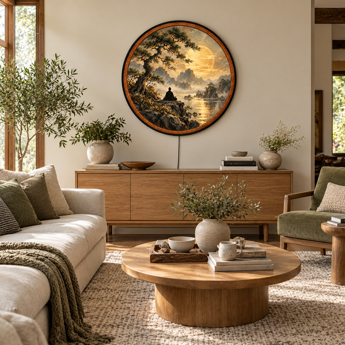 Golden Moon Zen – Handcrafted LED Wall Art | Japanese Meditation & Bonsai Pine Tree Decor