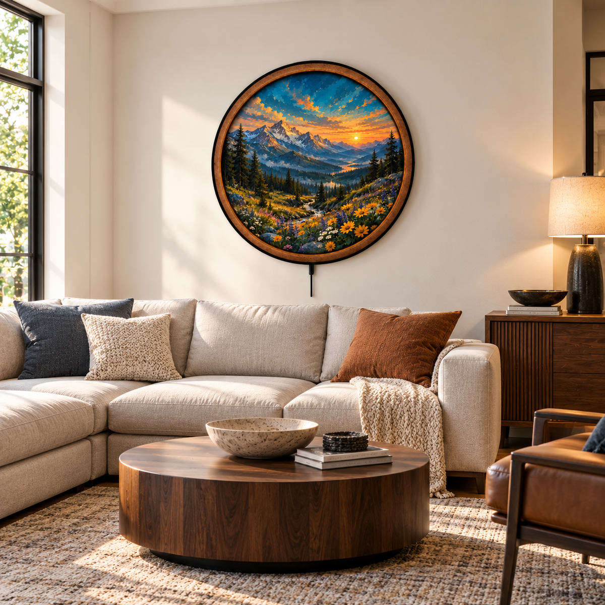 Alpine Wildflower Sunset Mountain Circular LED Wall Art