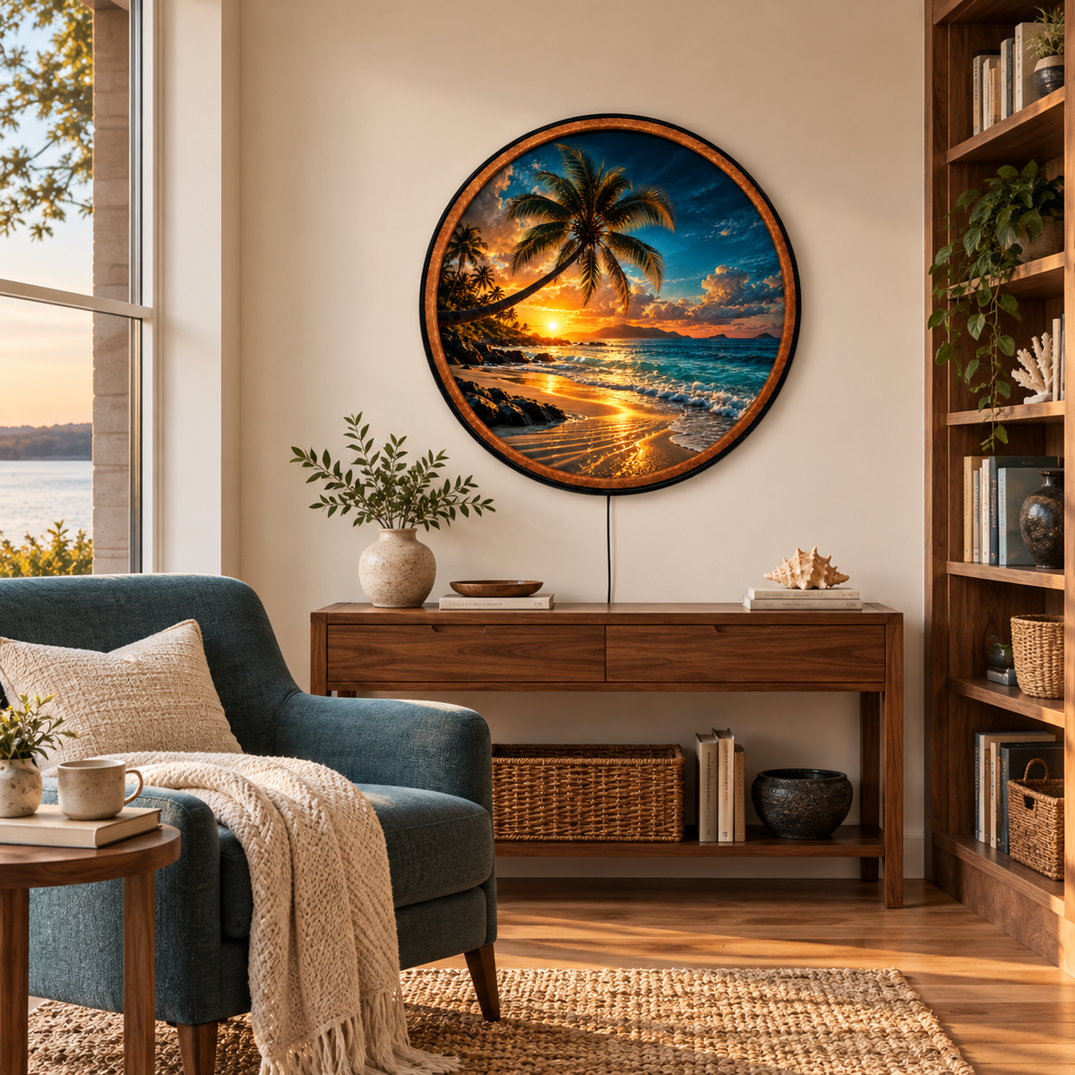 Tropical Sunset – Handcrafted LED Wall Art | Palm Tree, Ocean Waves & Golden Beach Sunset