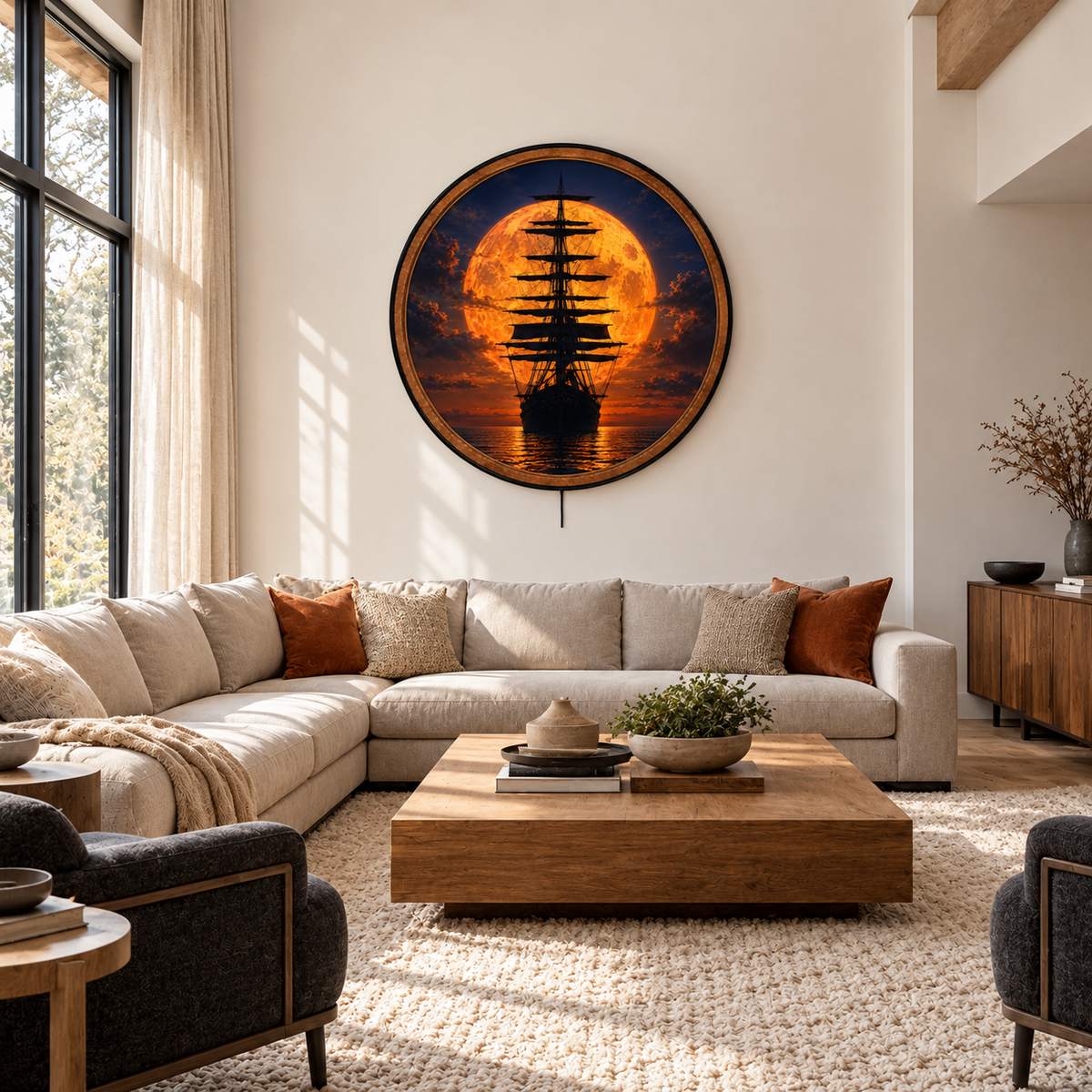 Crimson Moon Voyage – Handcrafted Round LED Wall Art