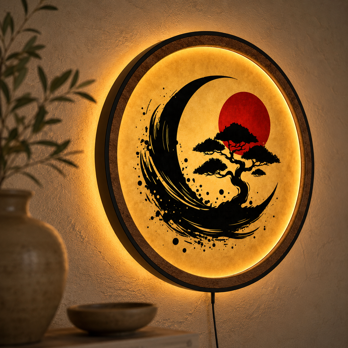 Wood Carved Japanese Bonsai Moon LED Wall Lamp | Zen Sumi-e Style Night Light