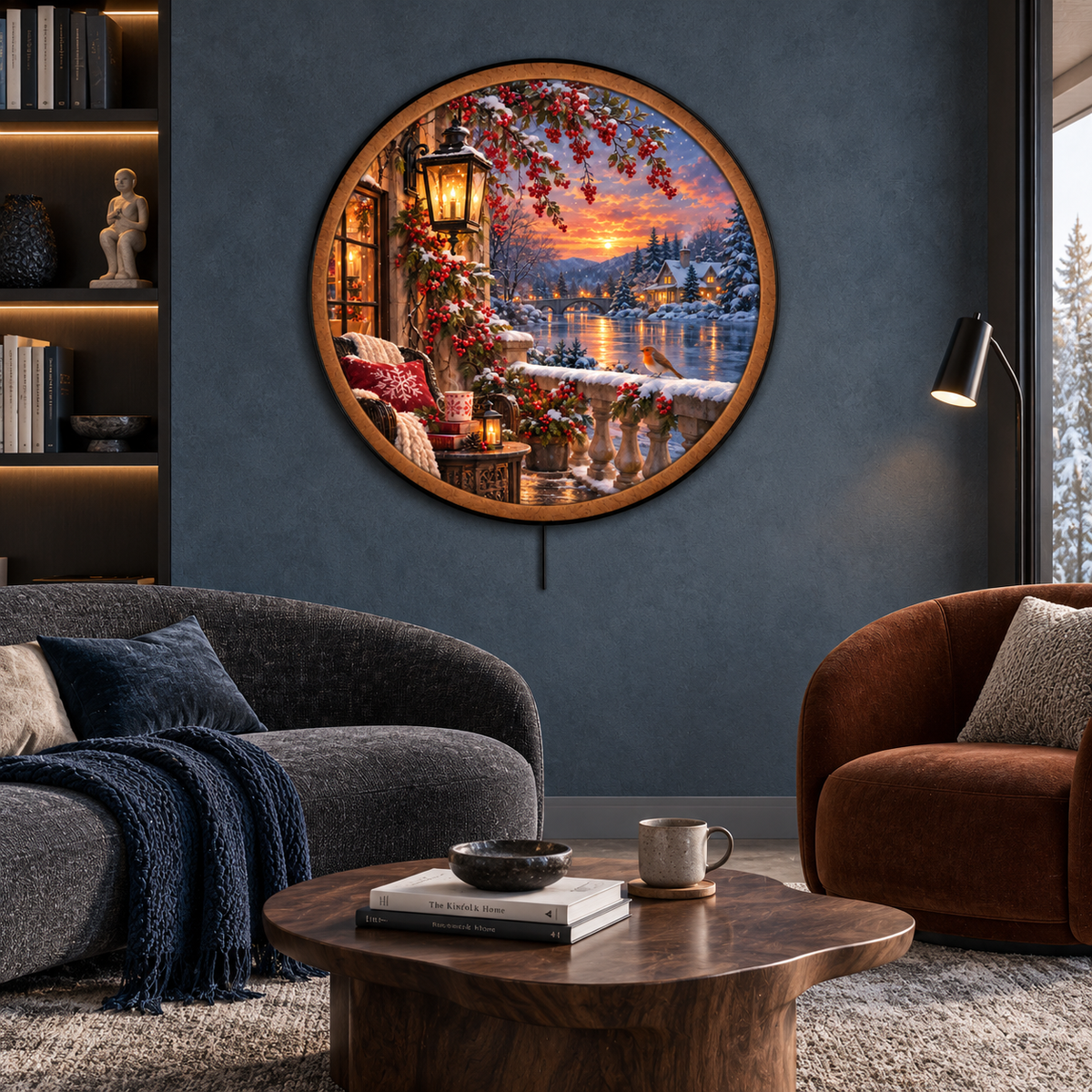 Winterberry Glow LED Wall Art – Cozy Snowy Lakeside Retreat