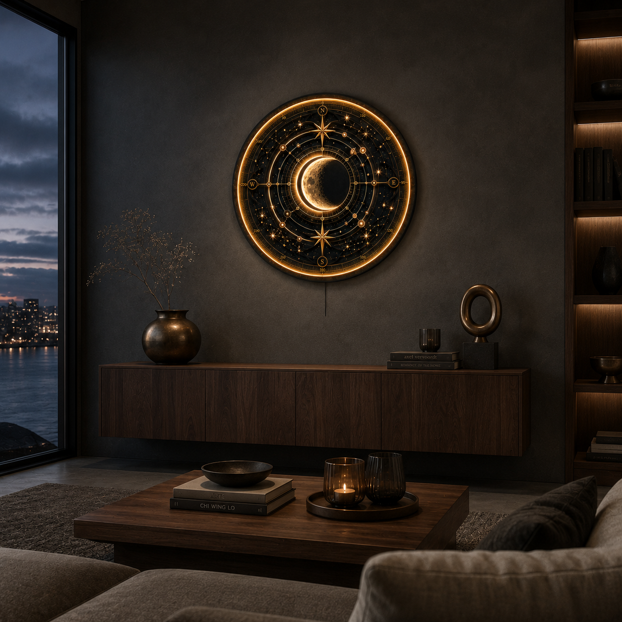 Celestial Compass Moon LED Wall Art – Illuminated Astronomical Decor
