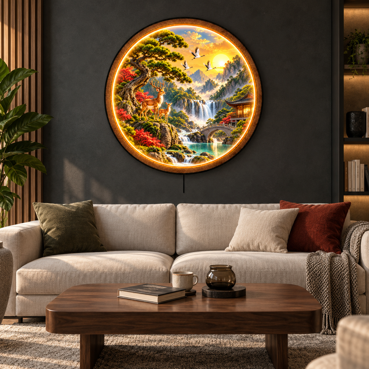 Sacred Deer Valley LED Wall Art – Asian Nature Landscape Decor