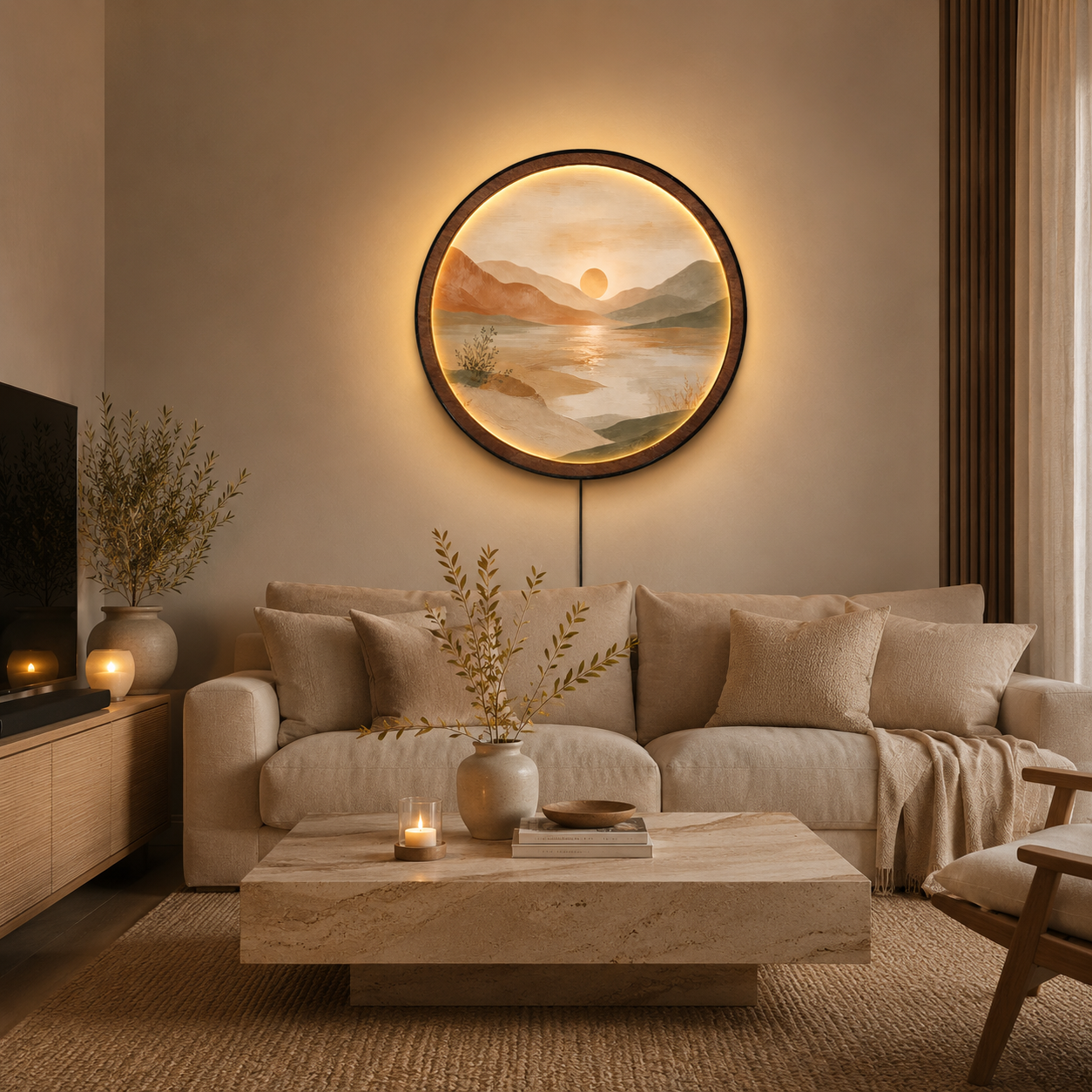 Desert Sunset Lake LED Wall Lamp | Boho Wood Art Decor