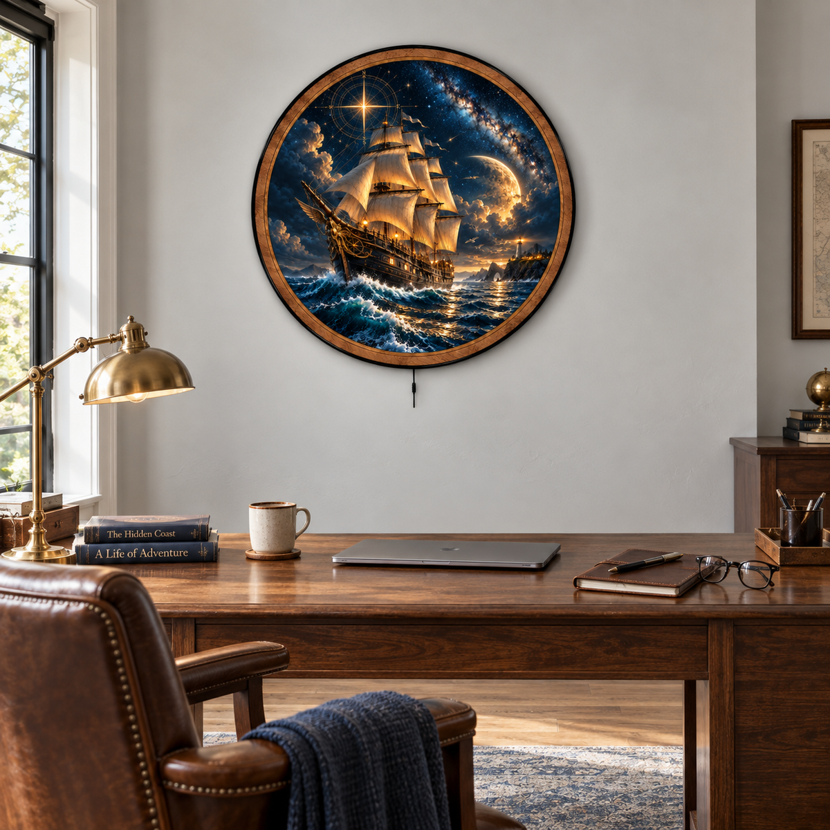 Celestial Voyager – Moonlit Sailing Ship LED Wall Art