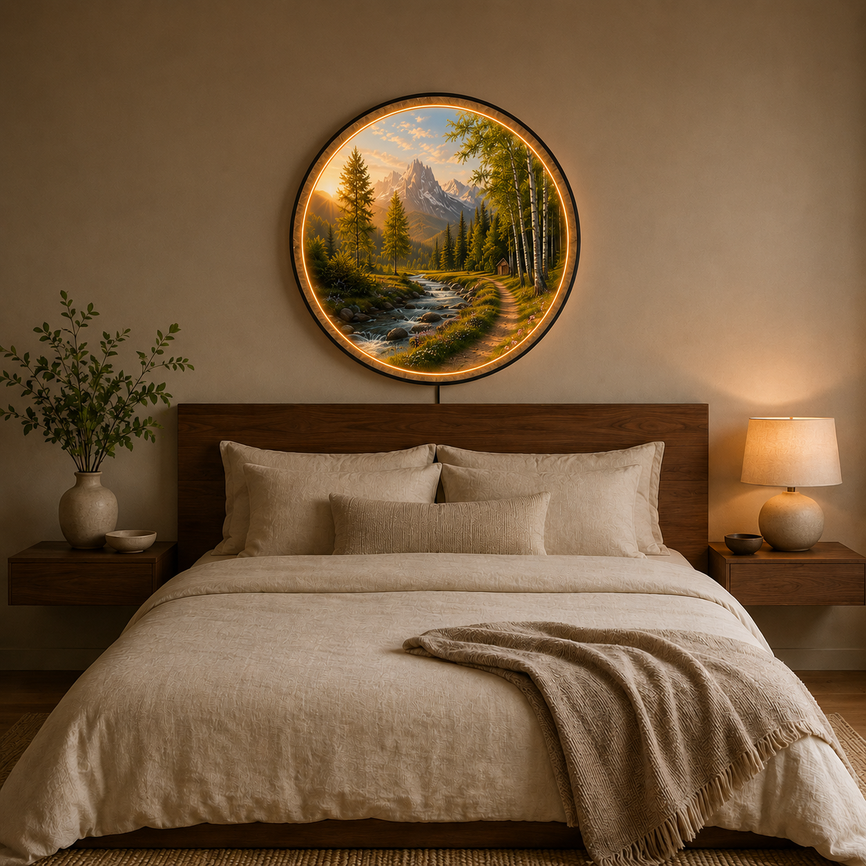 Mountain Sunrise LED Wall Art – Alpine River Round Lighted Decor