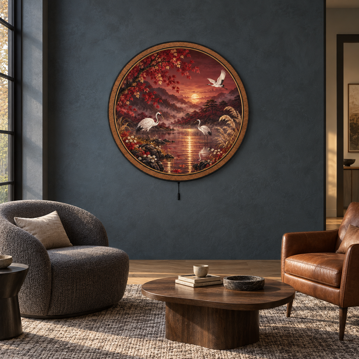 Crimson Crane Valley – Autumn Sunset LED Wall Art