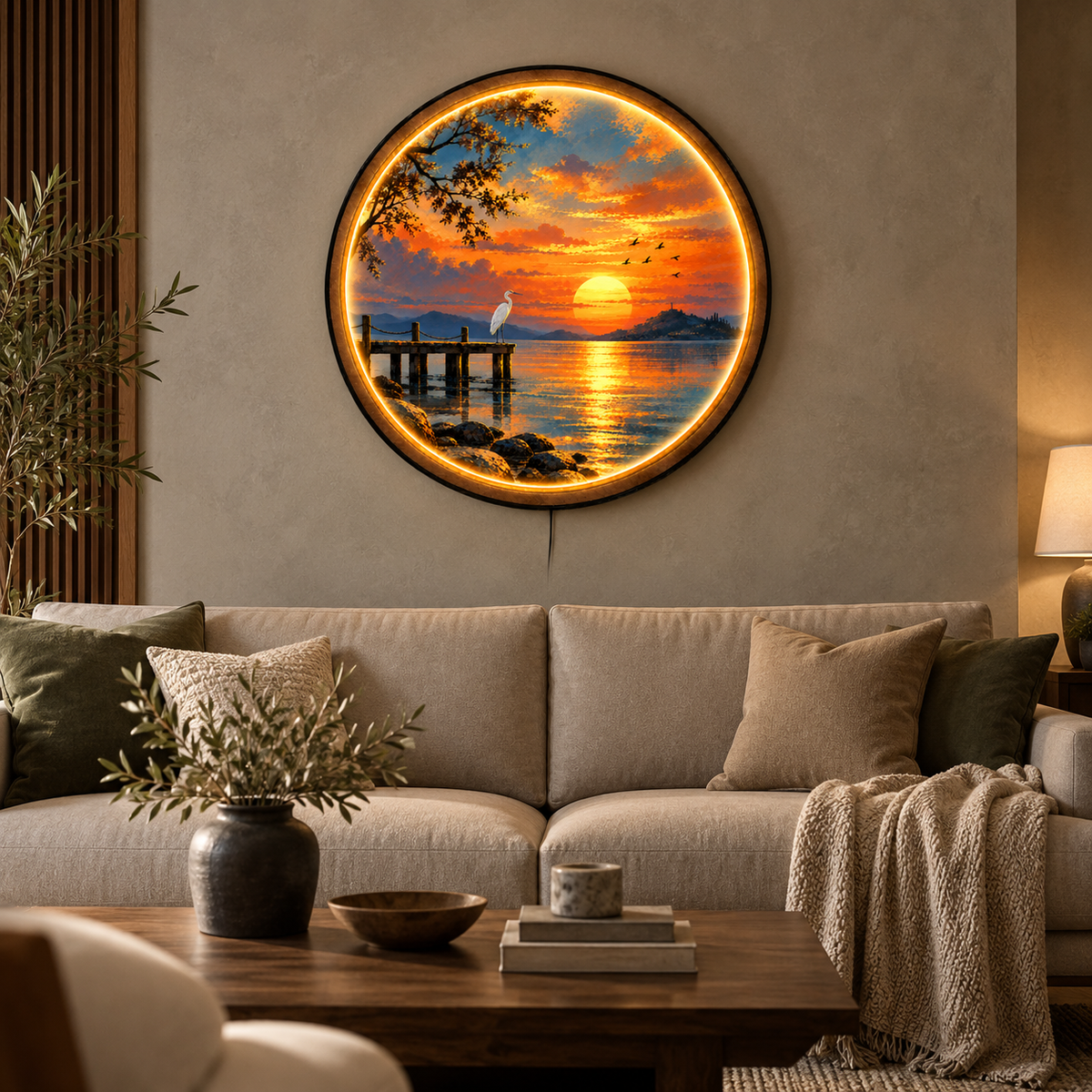 Golden Heron Sunset LED Wall Art – Coastal Nature Lighted Decor