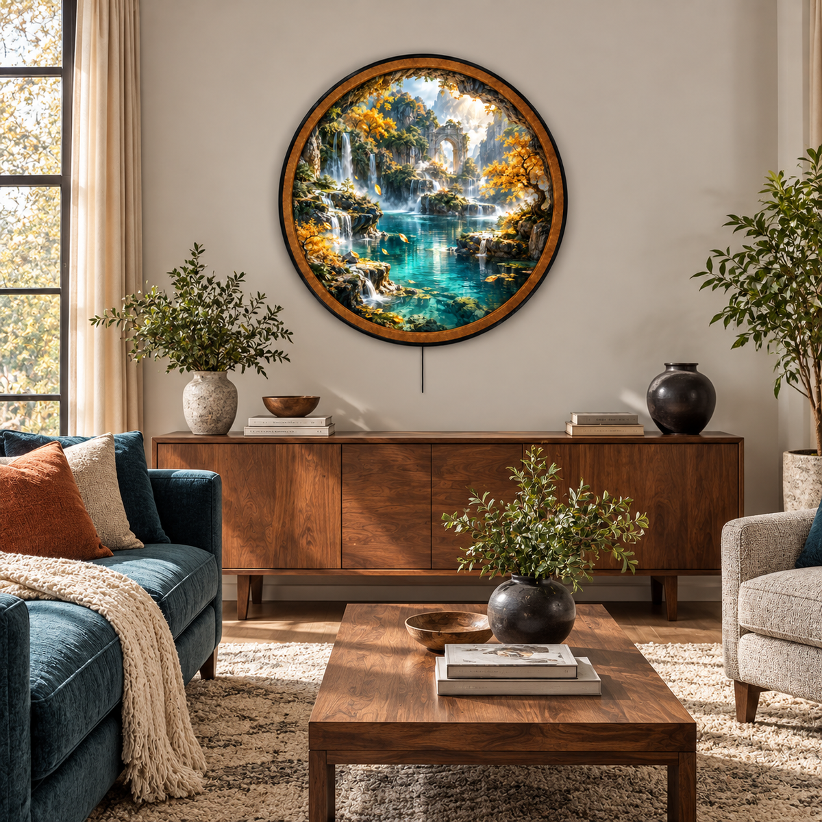 Enchanted Autumn Falls – Handcrafted Round LED Wall Art