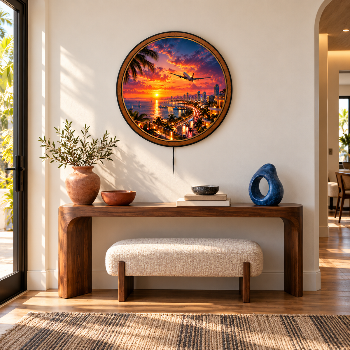 Tropical Skyline Flight Sunset Circular LED Wall Art