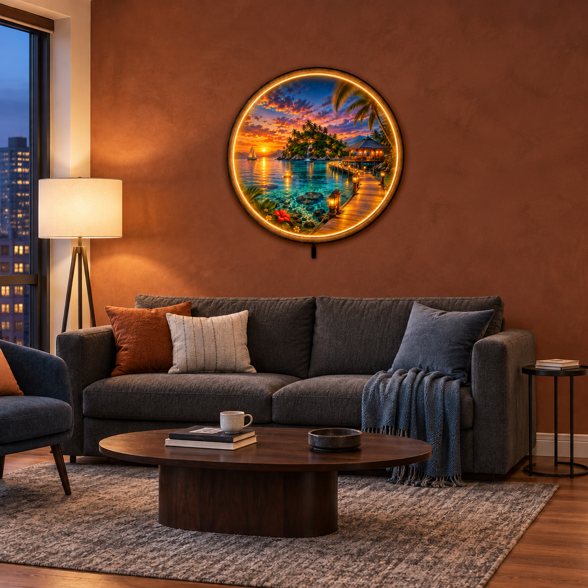 Island Afterglow LED Wall Art – Tropical Sunset Ocean Decor