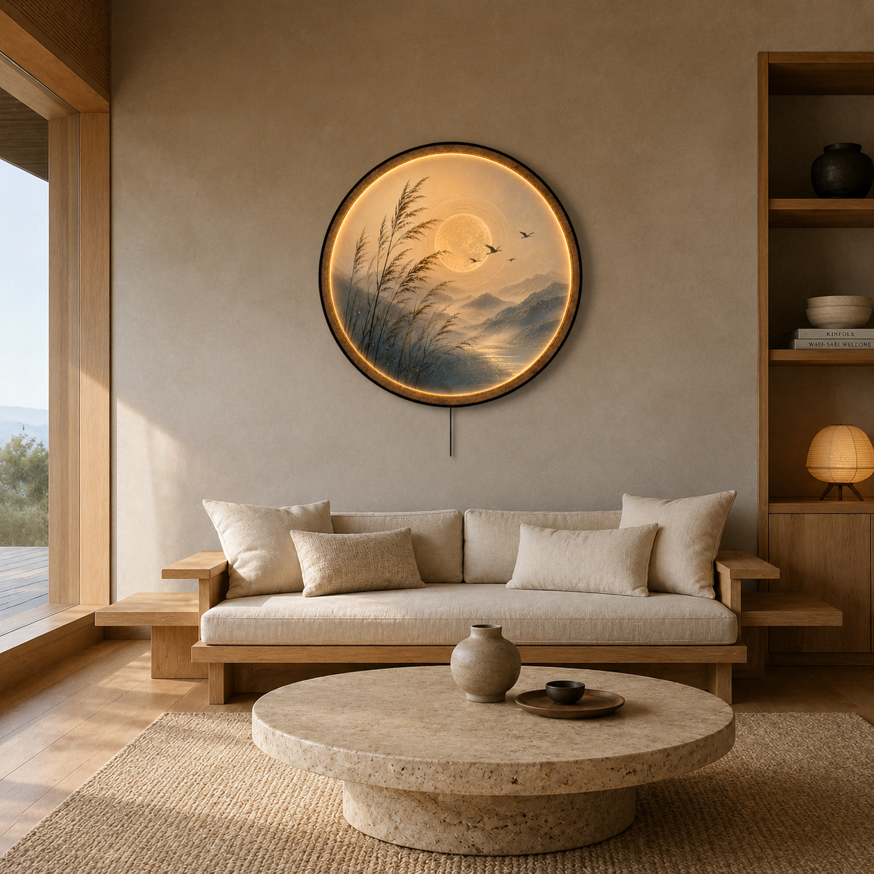 Golden Mist Serenity LED Wall Art – Japanese Zen Landscape Illuminated Round Wall Decor