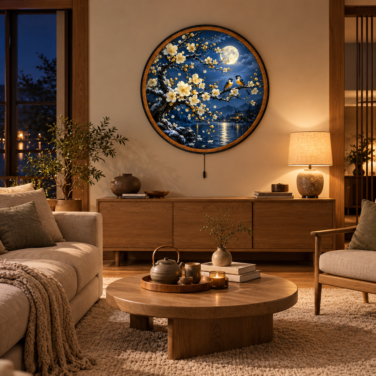 Moonlit Blossom & Lovebirds – Handcrafted Round LED Wall Art