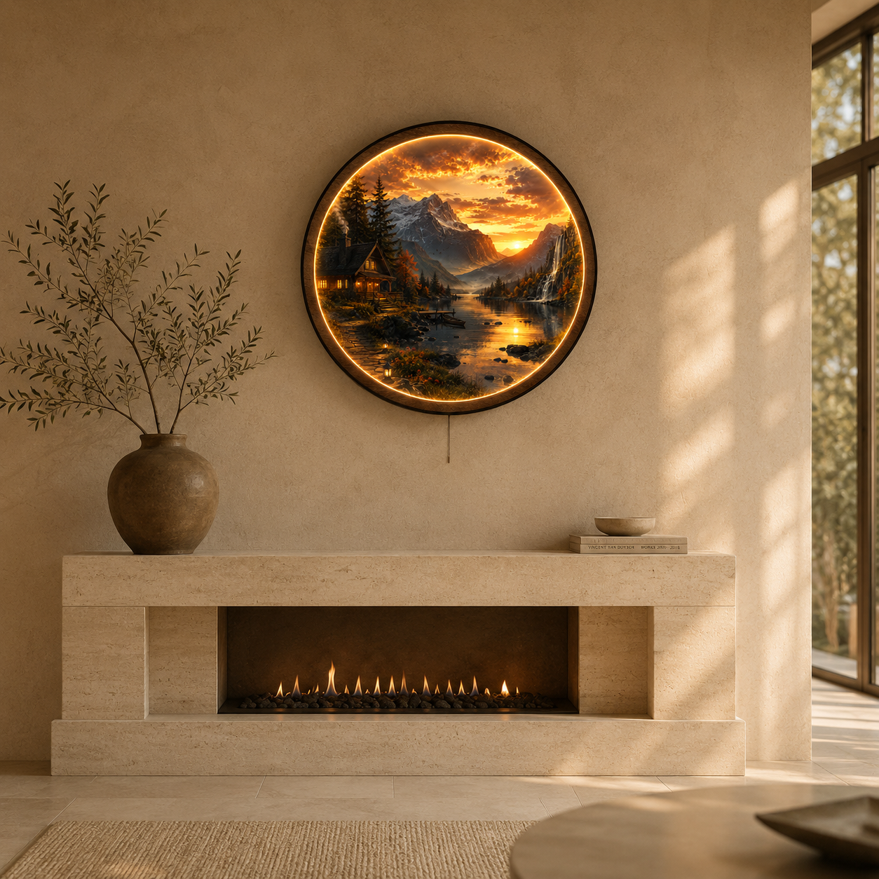 Mountain Cabin LED Wall Art – Sunset Lake Landscape Wall Decor
