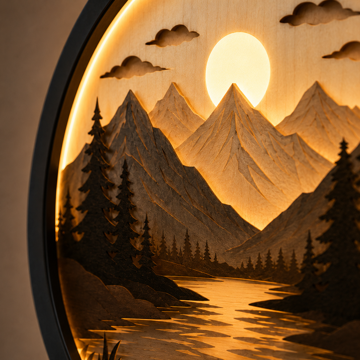 Handcrafted Wood Art Light - 3D Layered Mountain & Lake Design - Warm LED Backlight