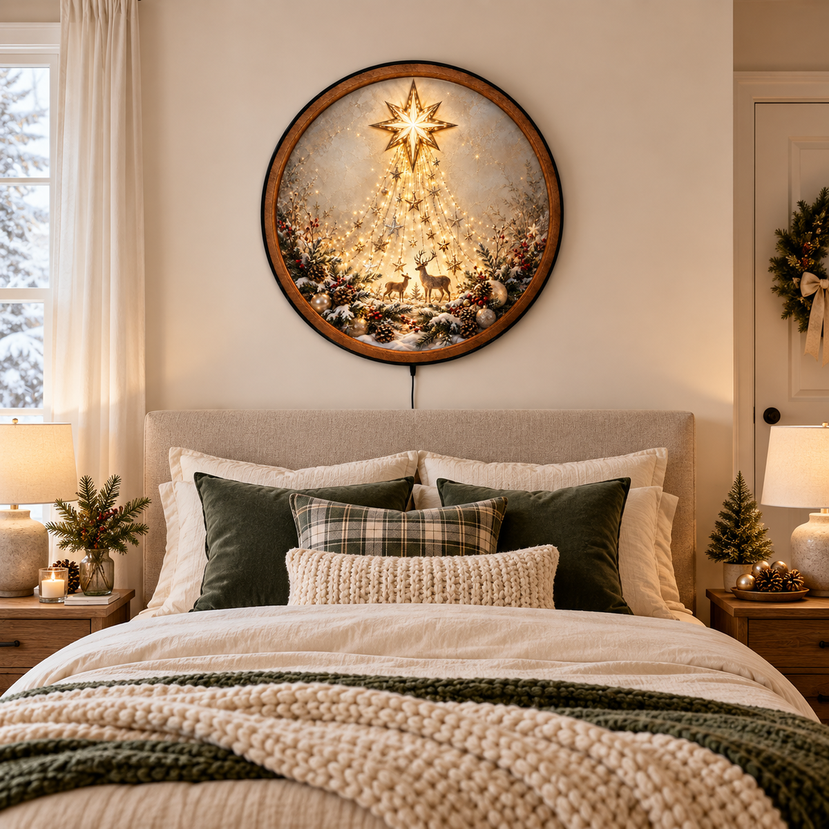 Handcrafted Golden Christmas Star & Deer LED Wall Art