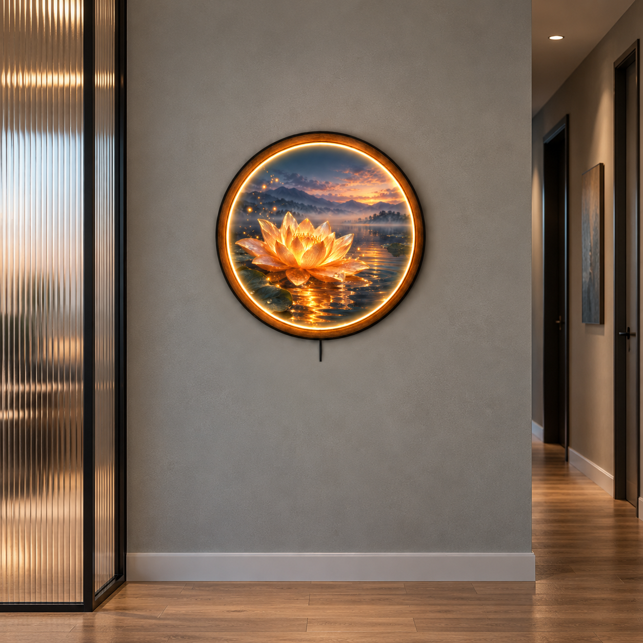 Golden Lotus LED Wall Art – Serene Lake & Meditation Decor