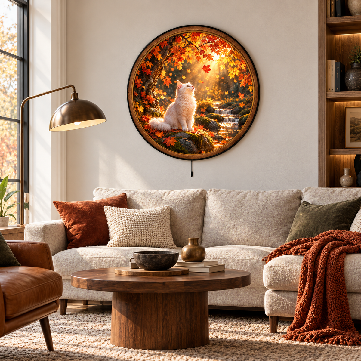 White Cat Autumn Forest Circular LED Wall Art