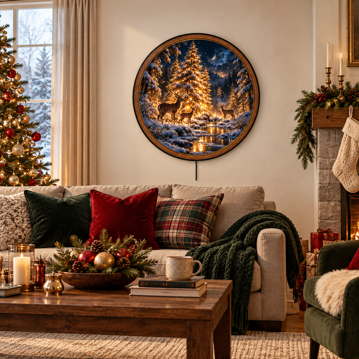 Winter Deer Golden Forest Circular LED Wall Art