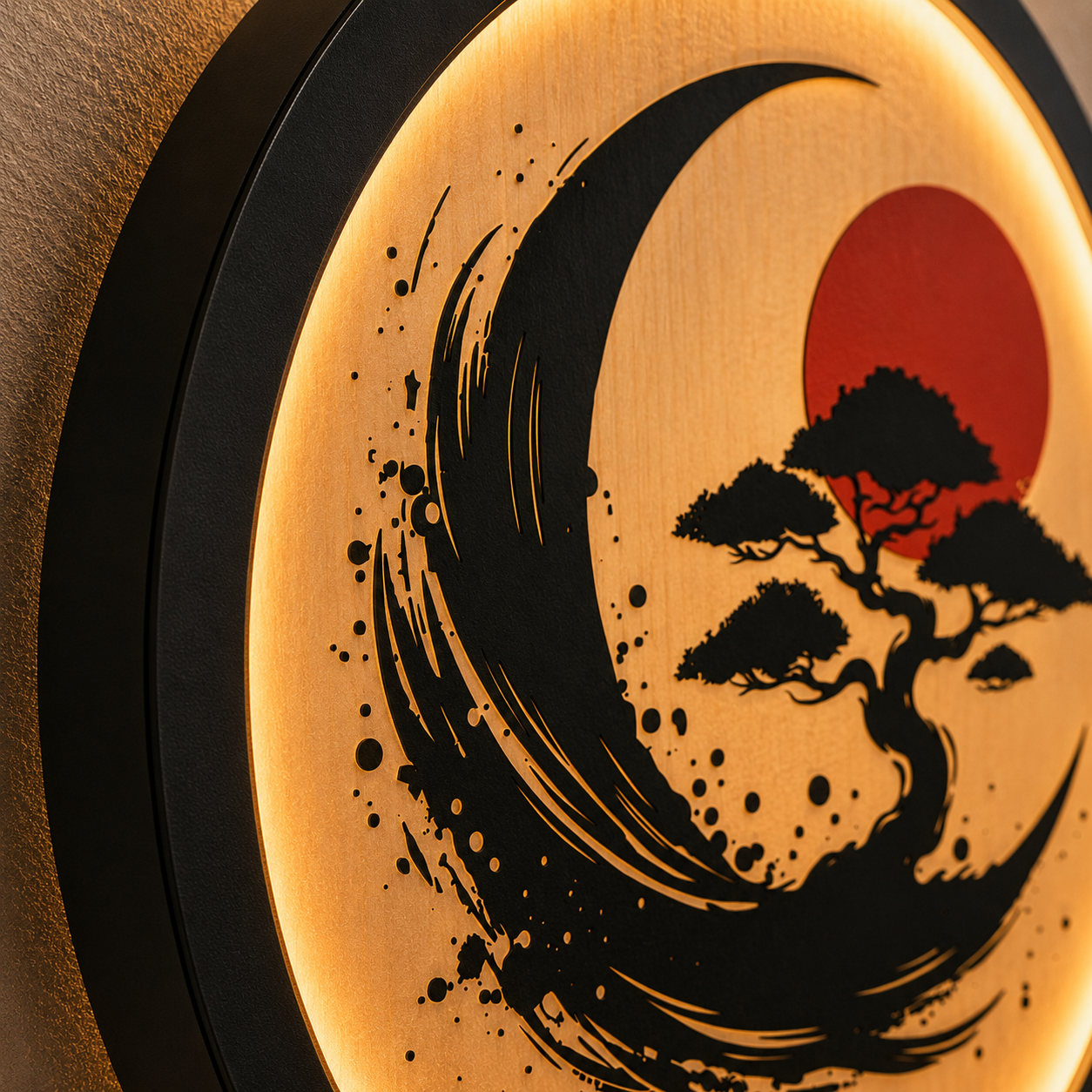 Wood Carved Japanese Bonsai Moon LED Wall Lamp | Zen Sumi-e Style Night Light