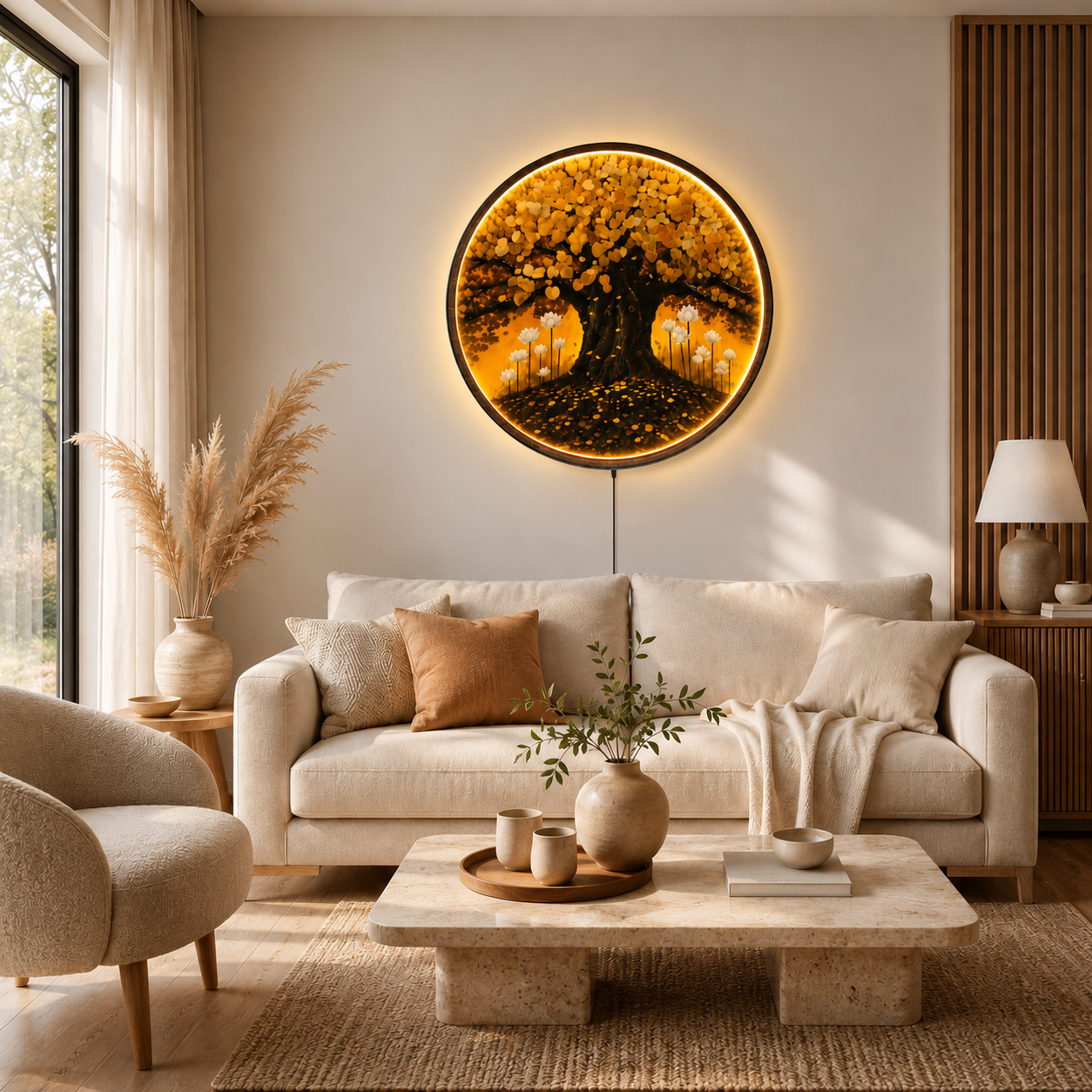 Golden Tree of Life LED Wall Art - Round Wooden Wall Decor with Lotus Flowers & Backlit LED