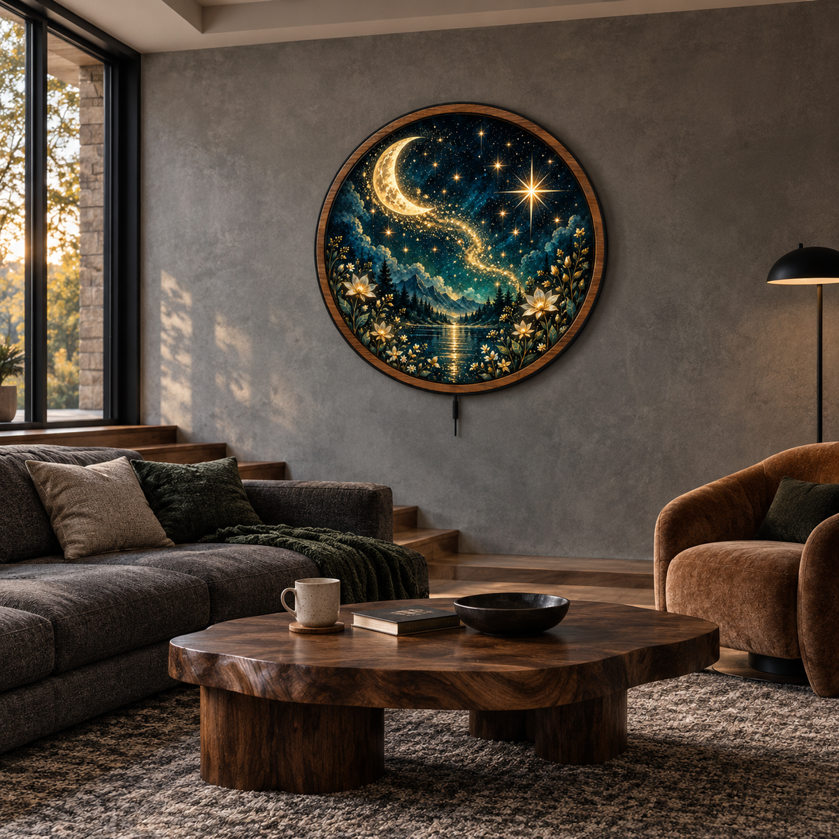 Celestial Moonlight Garden LED Wall Art – Golden Starry Night