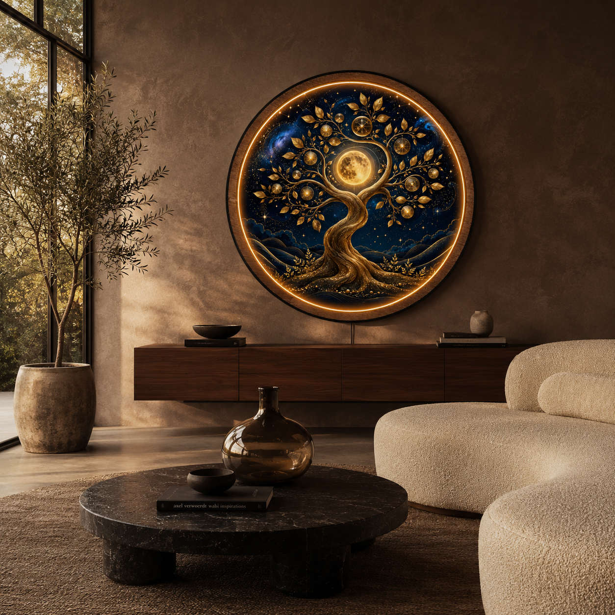 Tree of Life Moon Round LED Wall Art | Illuminated Acrylic Wall Decor with Wooden Frame