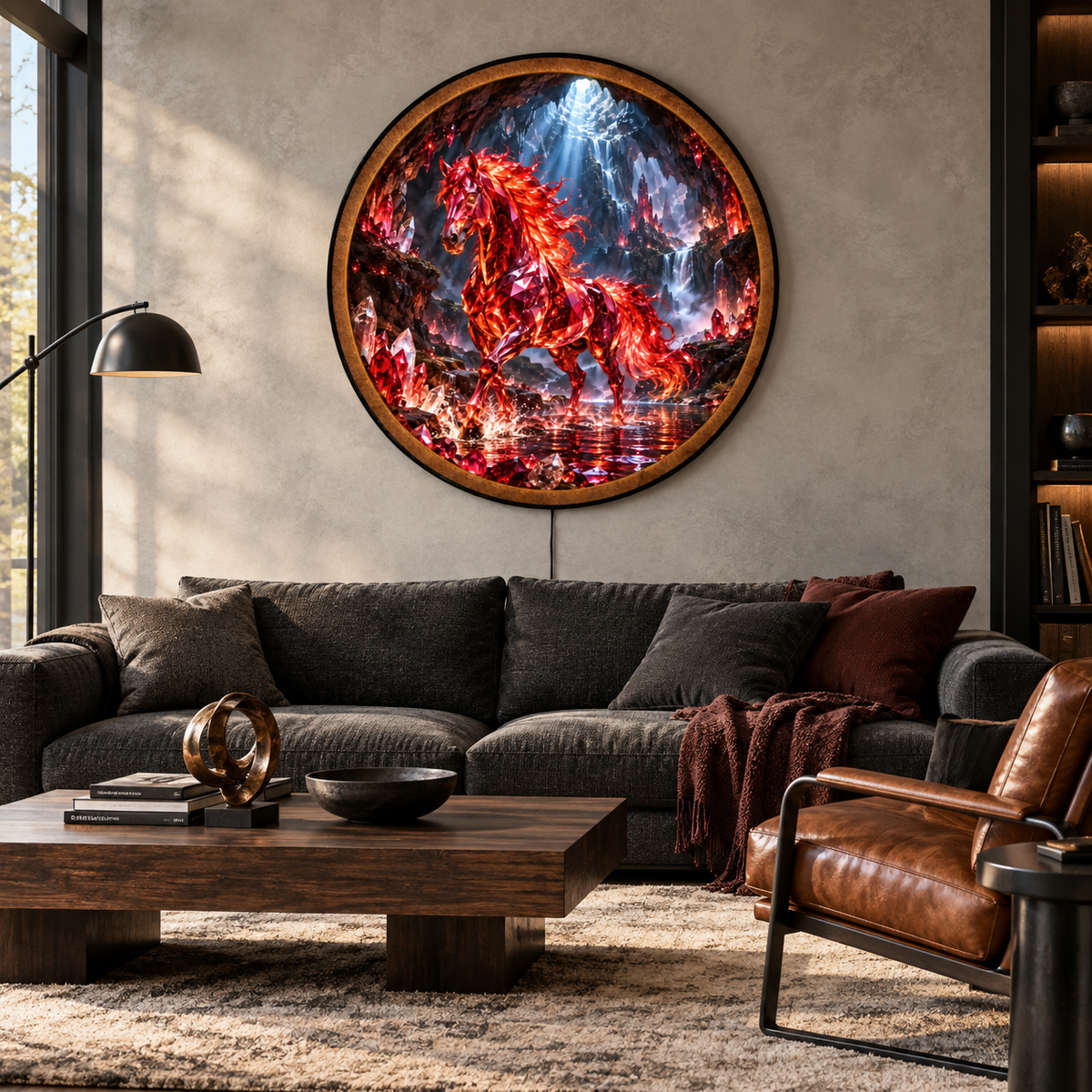 Crimson Crystal Horse Fantasy Cave Circular LED Wall Art