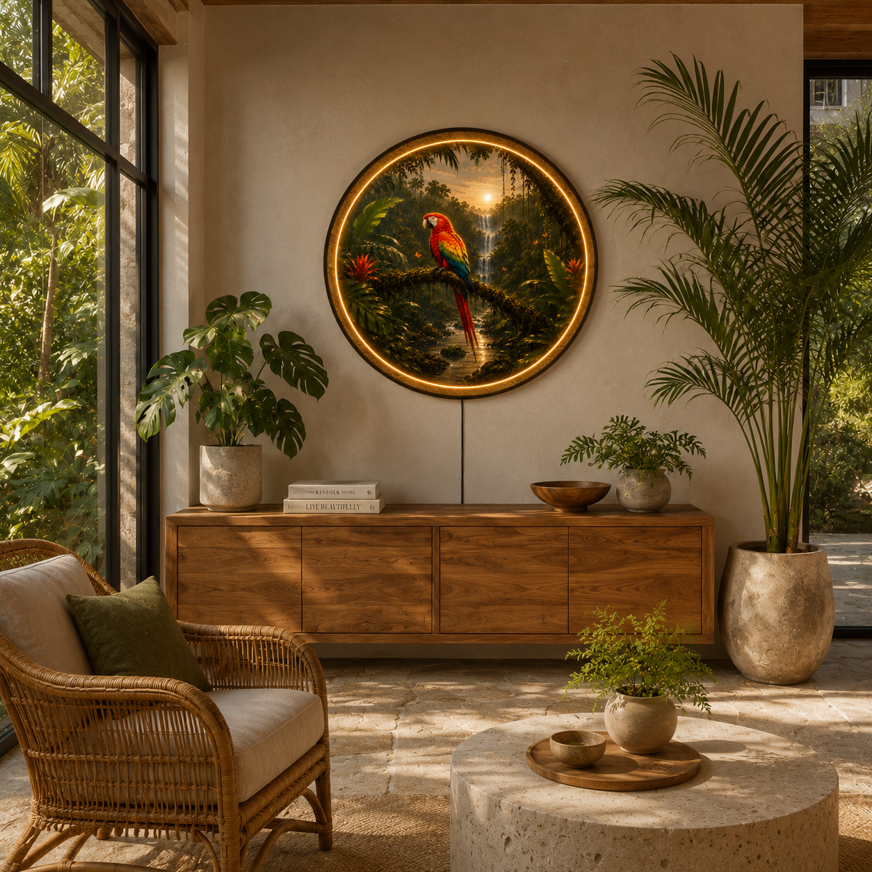 Tropical Macaw LED Wall Art – Rainforest Waterfall Lighted Decor