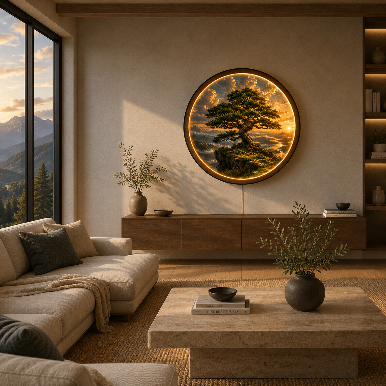 Ancient Bonsai Sunset LED Wall Art – Illuminated Nature Acrylic Decor
