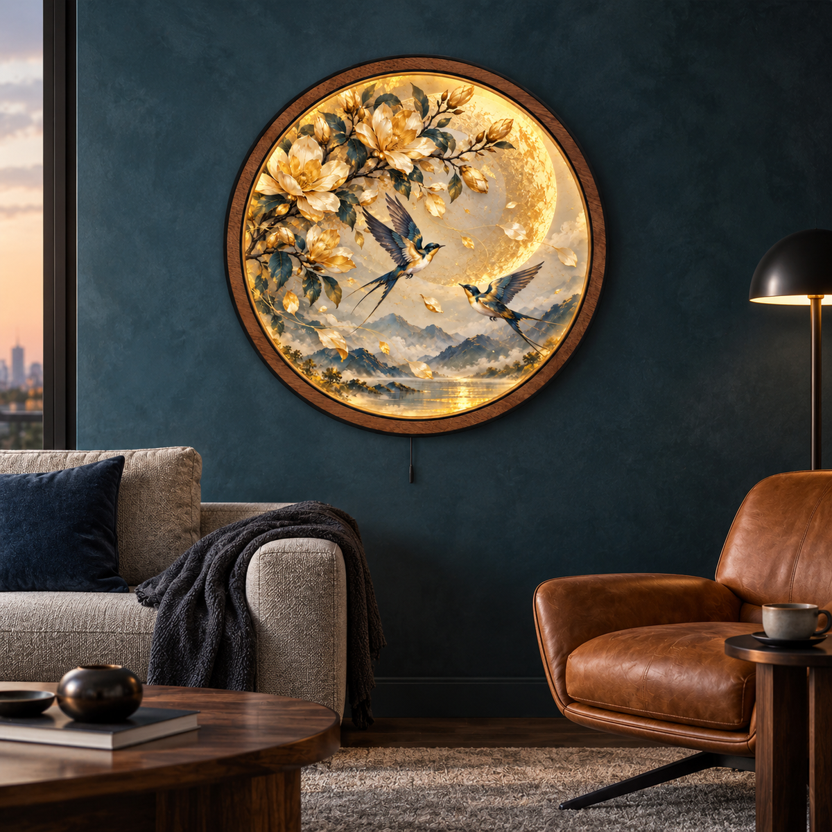 Golden Magnolia Moon LED Wall Art – Birds & Floral Nature Decor