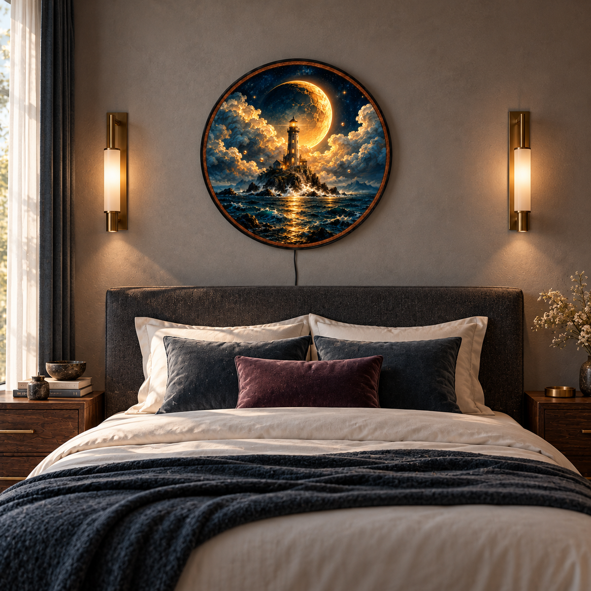 Beacon – Handcrafted LED Wall Art | Golden Moon Lighthouse Ocean Decor