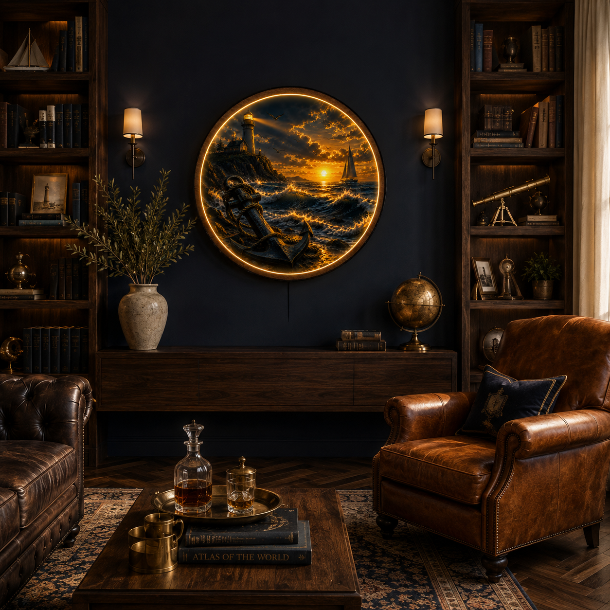 Beacon of Hope Round LED Wall Art | Lighthouse Sunset Acrylic Wall Decor with Wooden Frame