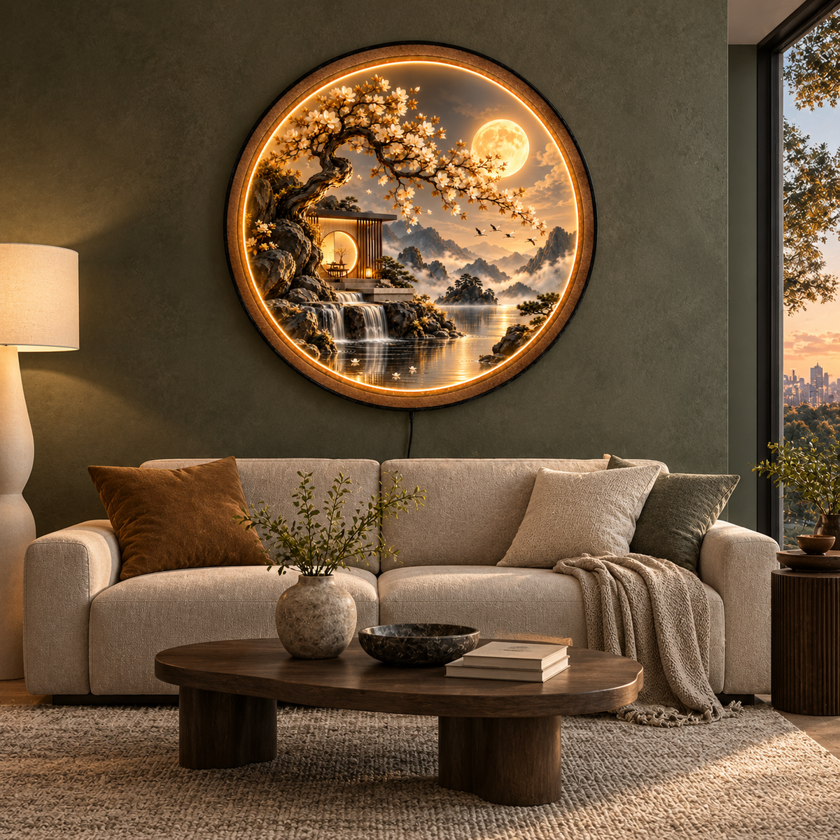 Moonlit Blossom Retreat LED Wall Art – Zen Landscape Decor
