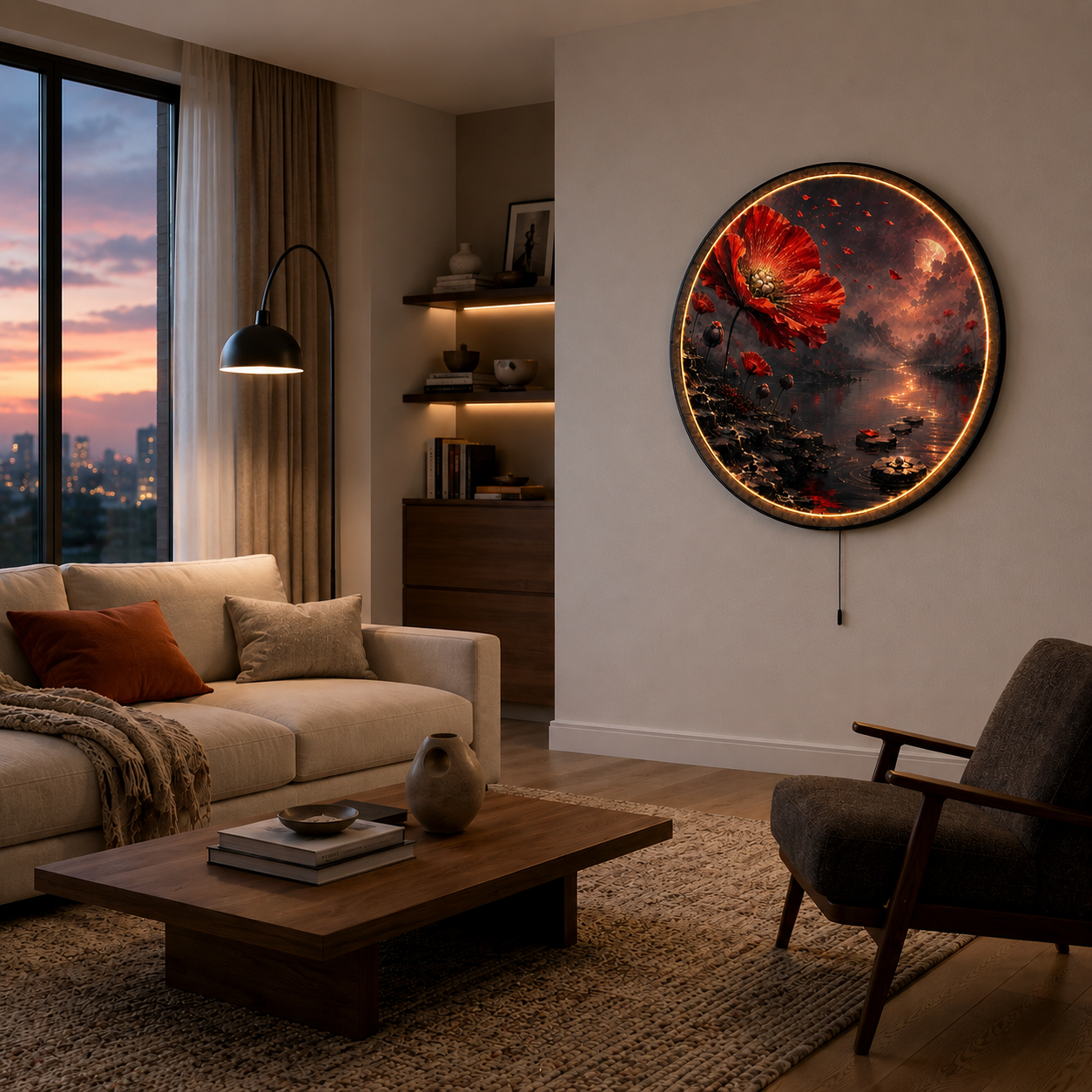 Red Poppy Moon LED Wall Art – Moonlit Wildflower Landscape