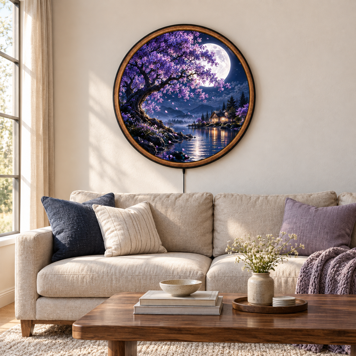 Moonlit Blossom Lake – Handcrafted LED Wall Art