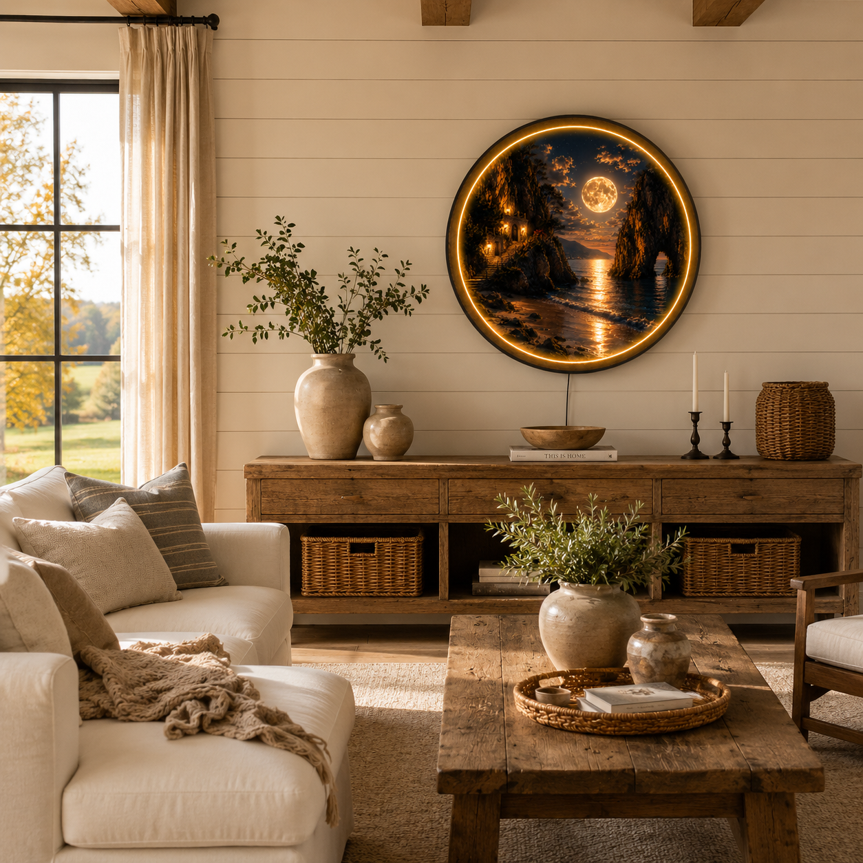 Moonlit Coastal Cliffs LED Wall Art – Round Illuminated Acrylic Landscape