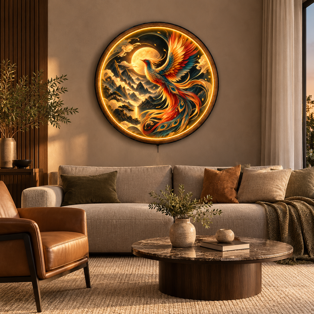 Celestial Phoenix LED Wall Art – Moonlit Firebird Decor