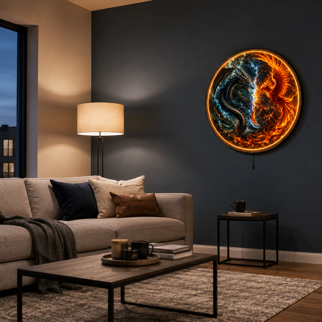 Stormfire Duel LED Wall Art – Dragon & Phoenix Fantasy Wall Decor