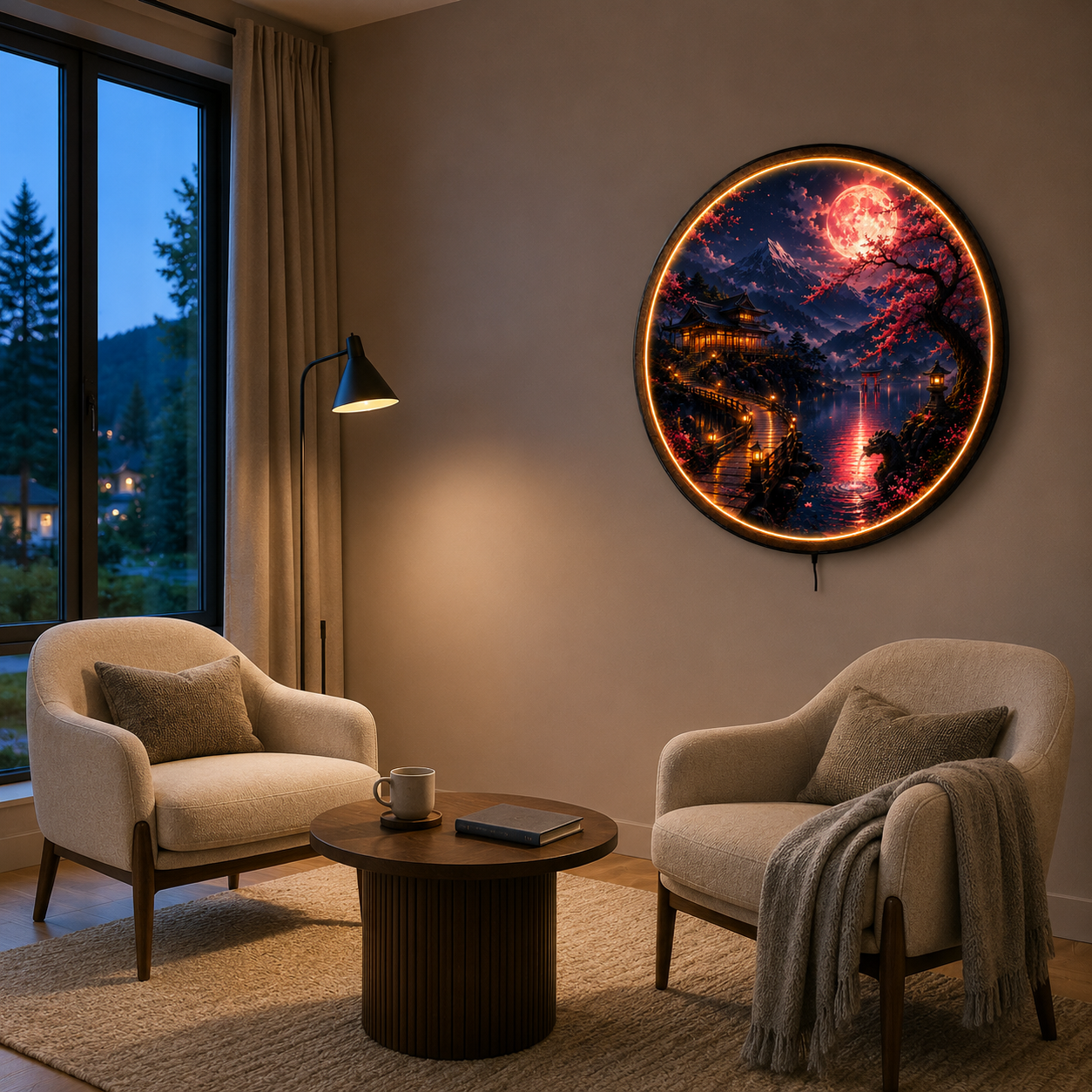 Sakura Moon – Crimson Reflection LED Wall Art