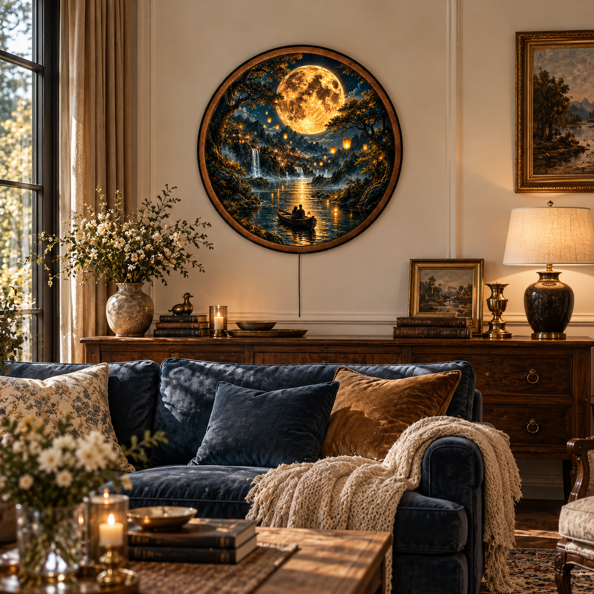 Handcrafted Golden Moon River LED Wall Art – Romantic Lantern-Lit Fantasy
