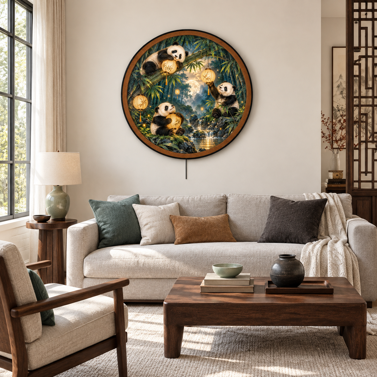 Panda Lantern Sanctuary – Golden Bamboo LED Wall Art