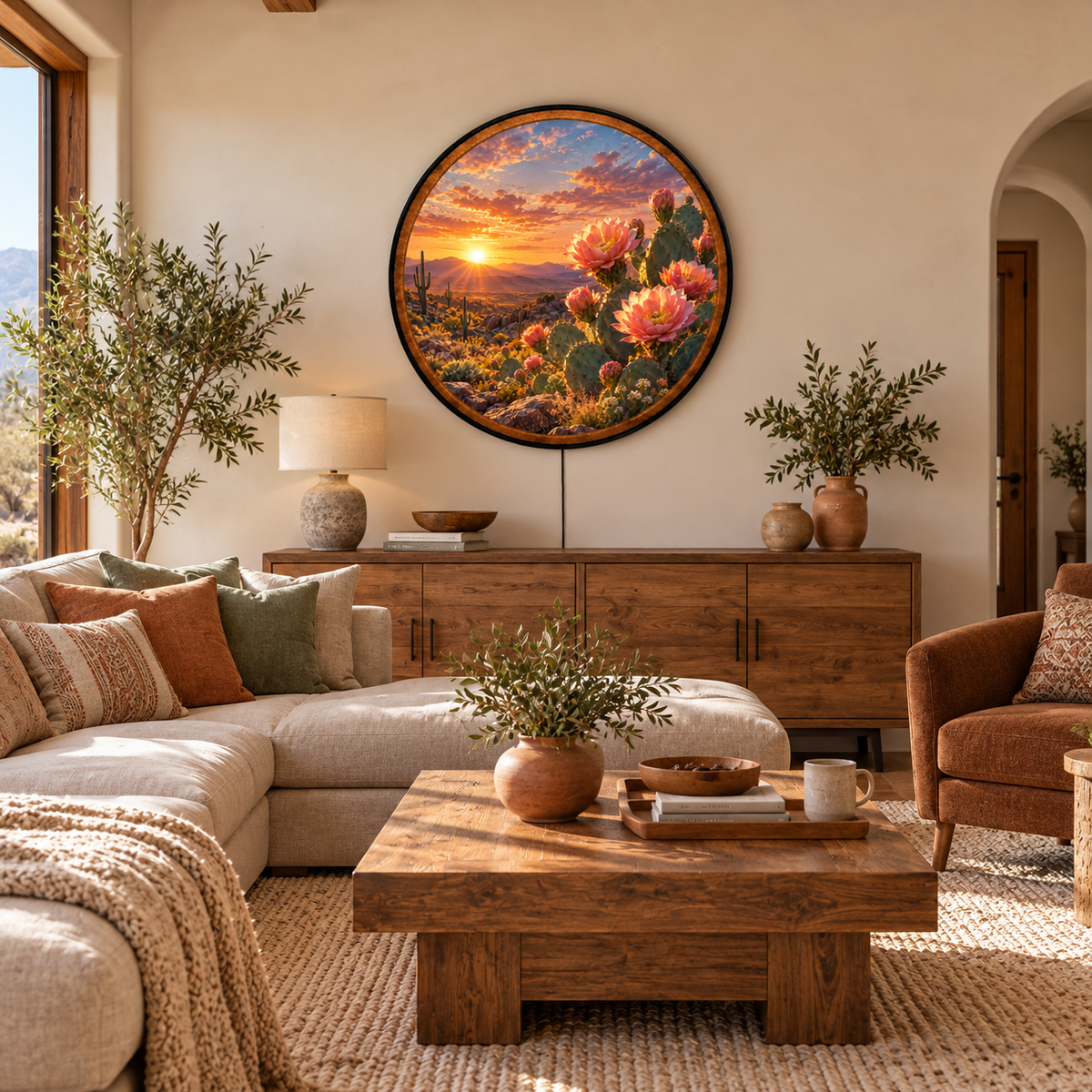 Desert Bloom – Handcrafted Round LED Wall Art