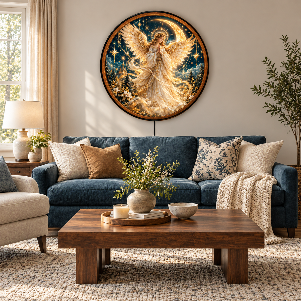 Celestial Guardian Angel – Handcrafted Round LED Wall Art