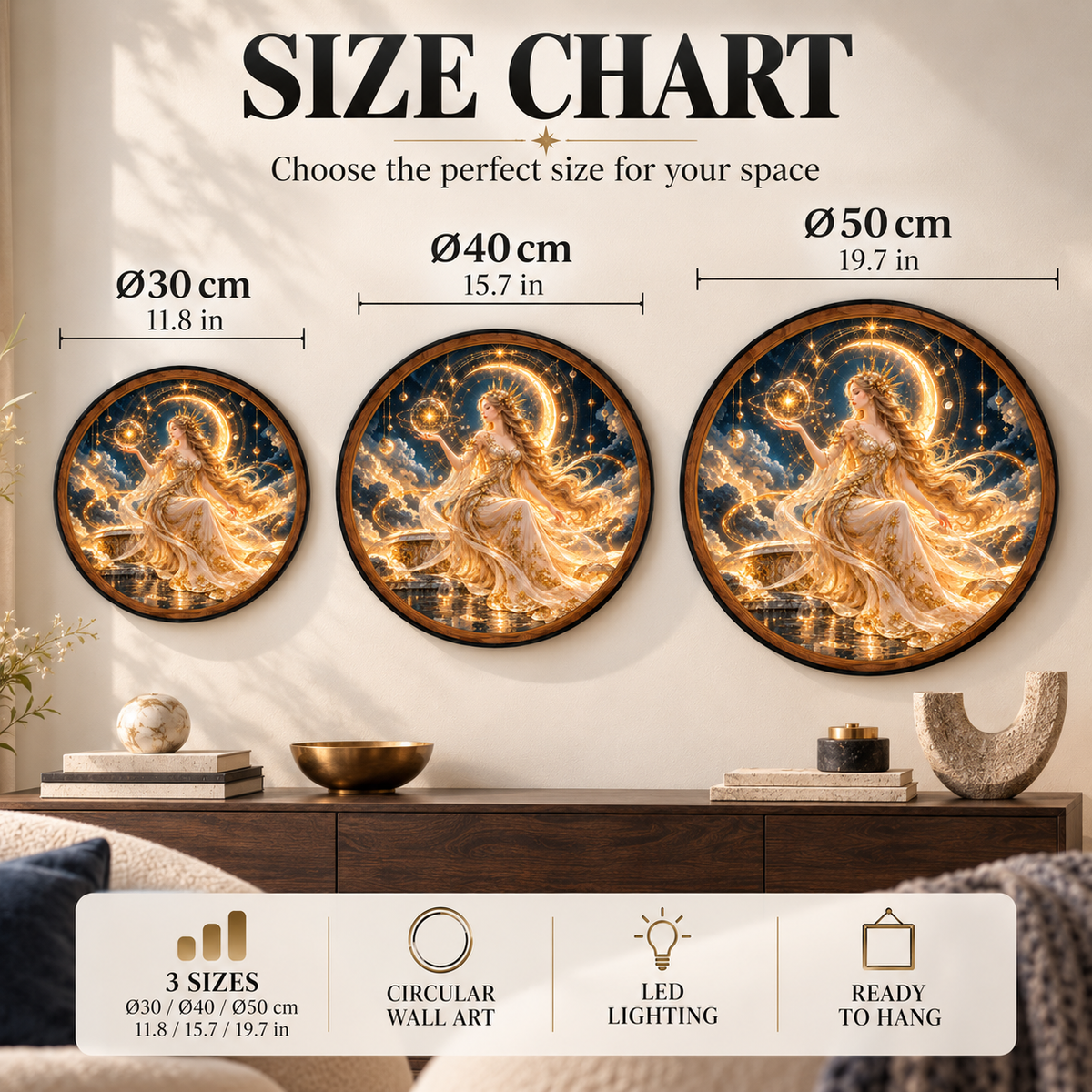 Celestial Goddess Golden Moon Circular LED Wall Art