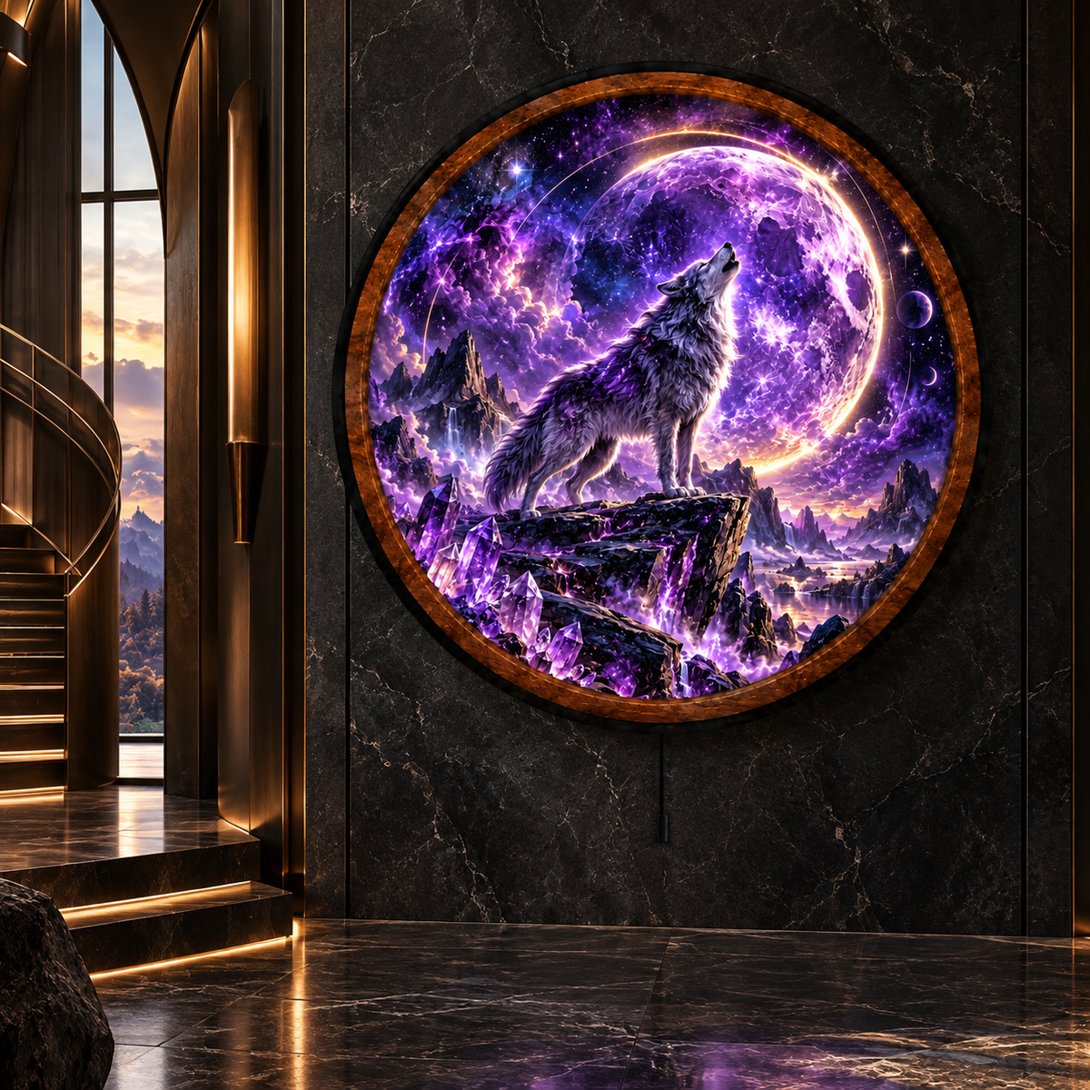 Handcrafted LED Wall Art | Purple Moon Wolf Decor